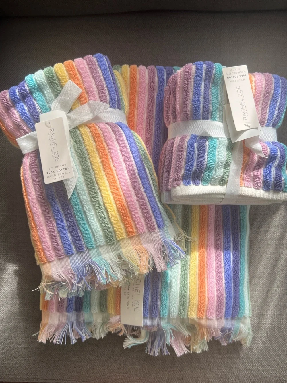 8pc Rachel Zoe Pastel Rainbow Bath towel Set Stripe Cotton Hand Towels Rare